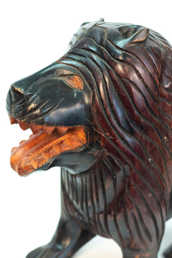 wood carving of lion, closeup