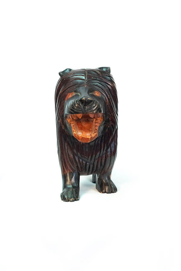 wood carving of lion, front