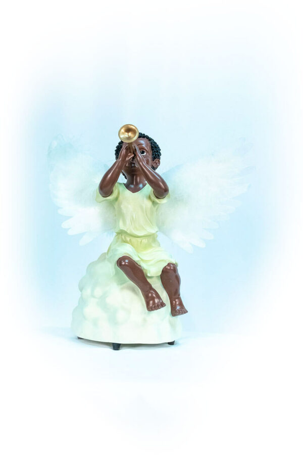 figurine, angel sitting on rock blowing horn, front