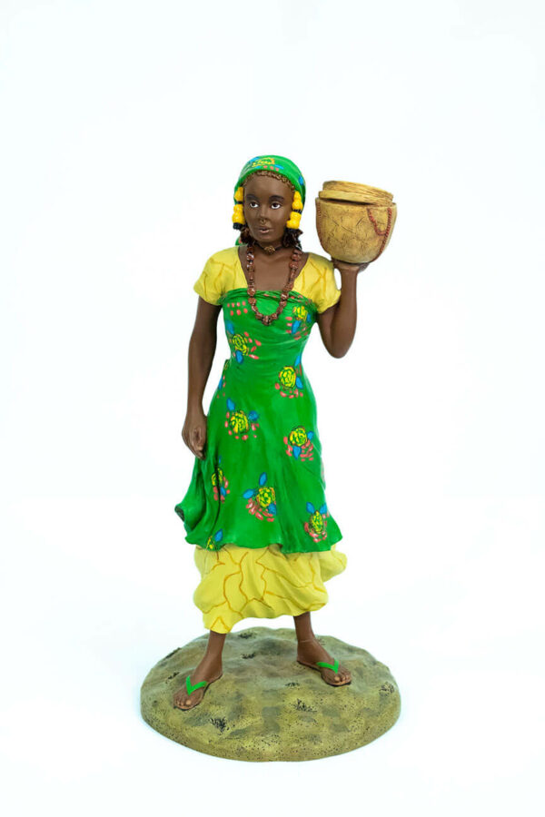 African figurine, Peul woman in green dress holding basket, front