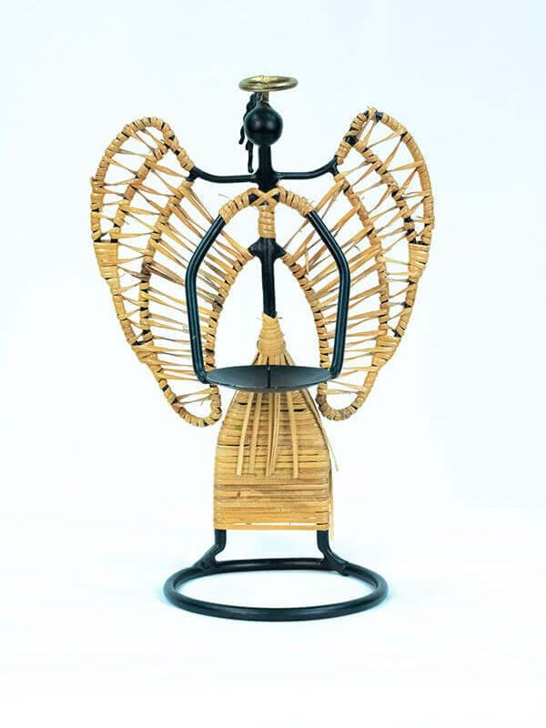 angel wicker art candleholder, front